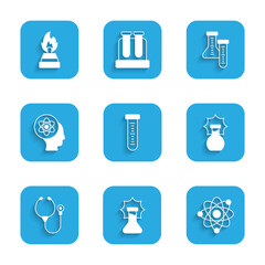 Set Test tube, Explosion in the flask, Atom, Stethoscope, and Alcohol or spirit burner icon. Vector