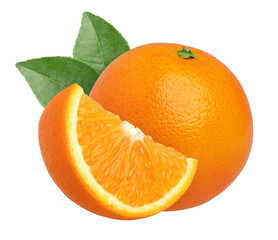 orange fruit with leaves and slice isolated, Orange fruit macro studio photo, transparent png, PNG format, cut out