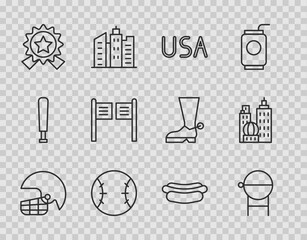 Set line American football helmet, Barbecue grill, USA label, Baseball, Medal with star, Saloon door, Hotdog sandwich and City landscape icon. Vector