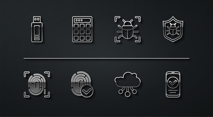 Set line USB flash drive, Fingerprint, System bug, Internet of things, Password protection, Smartphone and icon. Vector