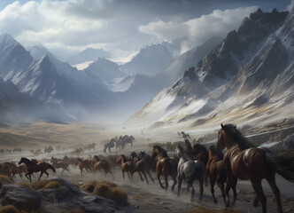 Galloping Horses: A Captivating Scene of a Horse Herd Threading Through Mountains of Snow, Set Against the Grandeur of Beautiful Mountain Scenery