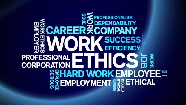 Work Ethics animated tag word cloud;text design animation kinetic typography seamless loop.