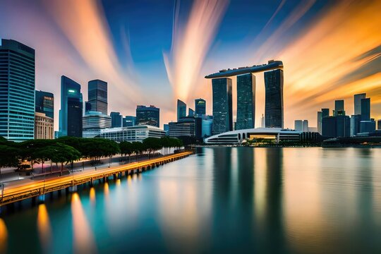A breathtaking view of Singapore's magnificent skyscrapers illuminated at night. The city's vibrant energy is on full display in this stunning skyline shot. generated by AI