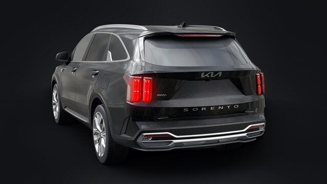 Dallas, USA. April 28, 2023. KIA Sorento 2022. Black mid-size SUV for family and work on a black background. 3d rendering.