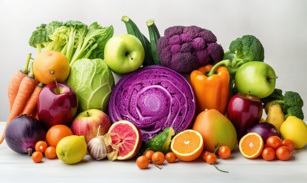fresh vegetables and fruits lined up in a row with colors and