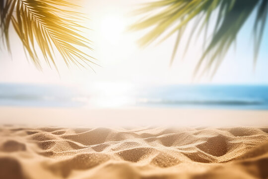 A tropical beach with palm leaves on the sand. Generative Ai.
