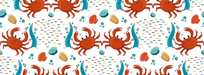 Poster Crab red, school of fish, shell seamless vector pattern. Sea inhabitants. Marine Underwater animals. © Ksyusha Marysheva