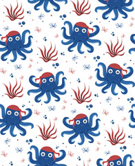 Octopus Pirate and seaweed seamless vector pattern. Sea inhabitants Marine life. Underwater animals.