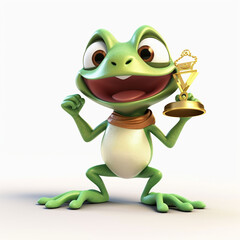 Fototapeta premium Cartoon frog holding a trophy on a white background. 3d rendering. Generative AI
