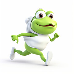 Obraz premium Cartoon character of frog with white t-shirt and running pose. Generative AI