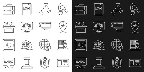 Set line Identification badge, Office folders, Location law, Bribe money bag, Scales of justice, Jurors, Briefcase and Security camera icon. Vector
