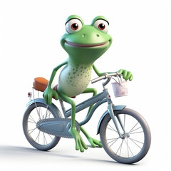 Cartoon frog riding a bicycle on a white background. 3d illustration.   Generative AI