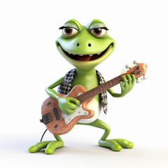 Obraz premium Cartoon frog playing the guitar on white background. 3D illustration. Generative AI