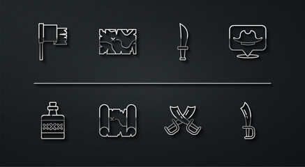 Set line Pirate flag, Alcohol drink Rum, Location pirate, Crossed swords, treasure map, and icon. Vector