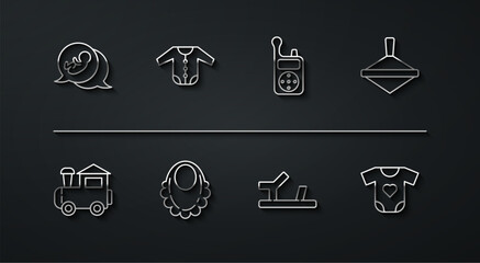 Set line Baby, Toy train, Whirligig toy, shoes, bib, clothes, and Monitor Walkie Talkie icon. Vector