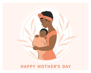 Woman holding baby in her arms. Happy mother's day. Greeting card for moms. Vector illustration.