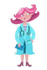 Cute female doctor in uniform. Cartoon illustration for design. Isolated picture on white background.