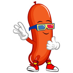 vector mascot character illustration of a sausage wearing 3d glasses for watching cinema