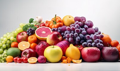 fresh vegetables and fruits lined up in a row with purple background