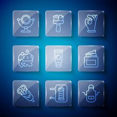 Set line Electric razor blade, Barber shop pole, apron, Medical rubber gloves, Cream cosmetic tube, of soap with foam, Round makeup mirror and jar icon. Vector