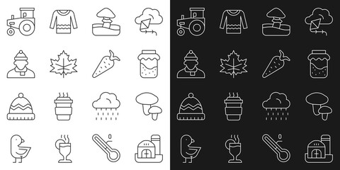 Set line Farm house, Mushroom, Jam jar, Leaf or leaves, Autumn clothes, Tractor and Carrot icon. Vector