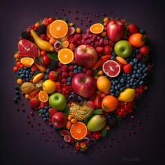 Heart of fruits and vegetables, black background