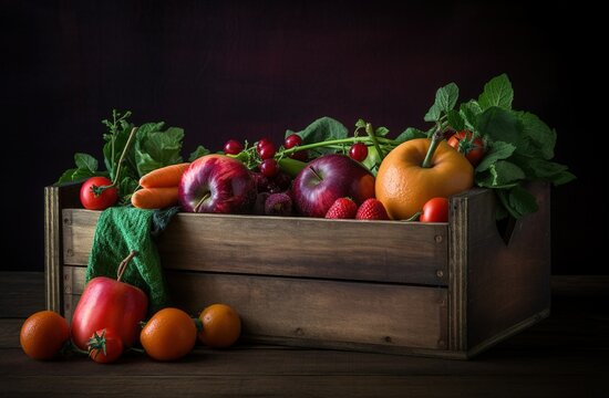 Wooden Box With A Variety Of Fruit And Vegetables