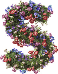 Flower Letter S. Garden floral and plants font Isolated on transparent background. 3D render