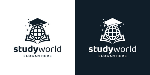 Obraz premium College, Graduation cap, Campus, Education logo design with world book graphic vector illustration. Symbol, icon, creative.