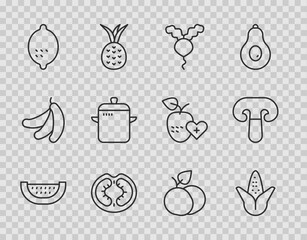 Set line Watermelon, Corn, Radish, Tomato, Lemon, Cooking pot, Mango fruit and Mushroom icon. Vector
