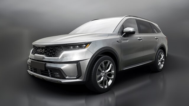 Dallas, USA. April 28, 2023. KIA Sorento 2022. Grey mid-size SUV for family and work on a black background. 3d rendering