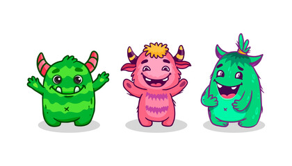 Fototapeta premium Set of cute cartoon monsters. Funny characters on white background.Icon monster.Alien.
