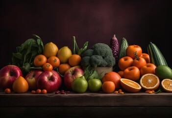 Fototapeta na wymiar a rainbow of vegetables and fruit on the table in dark background, front view