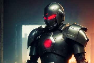 Naklejka premium Close up of a robot standing on the background of a futuristic city. Humanoid. Cyborg. Digital art, Fantasy art, Anime, Generative AI