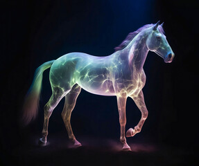 Obraz na płótnie Canvas Horse glowing in colourful pastel light neurons, phantasmal iridescent. Generative AI illustration.