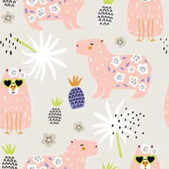 Seamless pattern with cartoon cute capybara animal. Summer texture with funny animal. Vector texture - 599181765