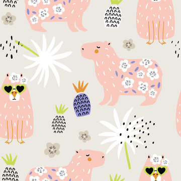 Seamless pattern with cartoon cute capybara animal. Summer texture with funny animal. Vector texture