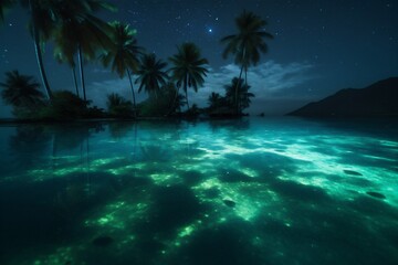 Fototapeta na wymiar tropical luminous beach tree paradise blue palm sky night ocean vacation. Generative AI.