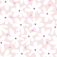 Seamless jungle floral pattern. Hand drawn white tropical flowers on light pink. Vector texture for fabric, textile, wallpaper.