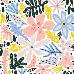 Seamless pattern with abstract tropical flowers, leaves and shapes. Summer jungle florals design. Great for fabric, textile, wrapping paper, wallpaper. Vector texture