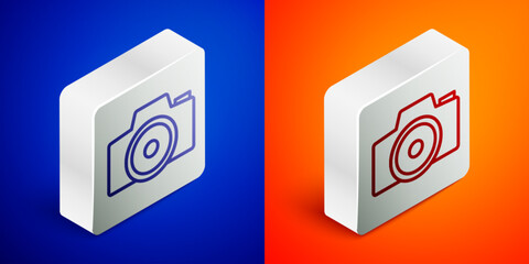 Isometric line Photo camera icon isolated on blue and orange background. Foto camera. Digital photography. Silver square button. Vector