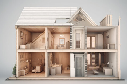 Empty House Cross Section, 3d Illustration, Generative AI