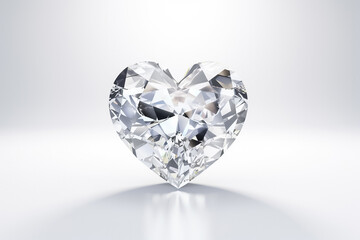 Fototapeta premium A dazzling white crystal heart sits elegantly on a pristine white surface, its shimmering facets capturing the light and radiating a sense of purity and beauty. generative AI.