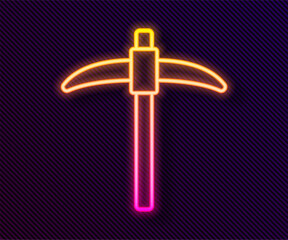 Glowing neon line Pickaxe icon isolated on black background. Vector