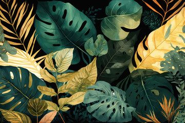 Green and golden leaves background, thick vegetation, jungle design, watercolor drawing for textiles and wallpapers, generative AI
