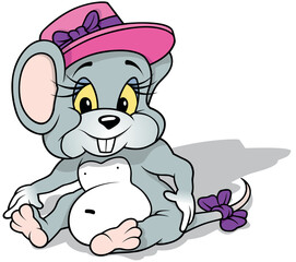 Cute Little Gray Mouse with Pink Hat Sitting on a Ground