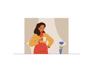 Woman drinks coffee near the window in the morning. Female person breathing fresh air outside and holds a cup of water. Home lifestyle concept and healthy habits. Vector illustration