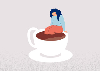 Tired woman sits on the edge of coffee cup. Sad girl is powerless and apathy suffers from caffeine addiction. Unhealthy food habits concept. Vector illustration