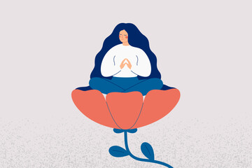 Happy woman sitting in lotus pose inside big flower. Female person closed her eyes and meditates feeling self love and body and mind harmony. Mental health concept. Vector illustration