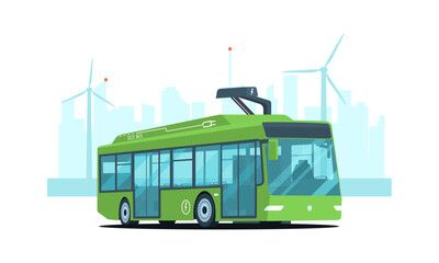 Fototapeta premium Electric city bus charging from a charging station against the backdrop of an abstract cityscape. Vector illustration.